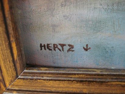 null HERTZ "Honfleur, le Soir" Huile sur toile. 38 x 55 cm Cadre en bois laqué et...