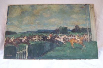 null Marcel COSSON (1878-1956) "Course hippique" Huile sur isorel. 39 x 60 cm (petits...