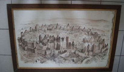 null ROBIDA Importante lithographie, figurant la ville de Carcassonne. 77 x 116 cm...
