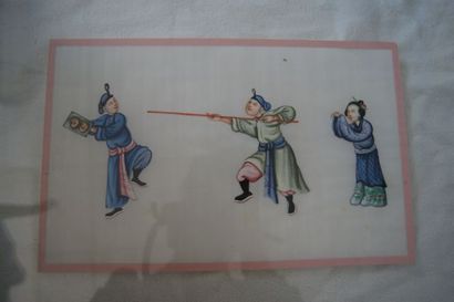 null CHINE Paire de gouaches sur papier de riz, figurant des guerriers.18 x 27 cm...