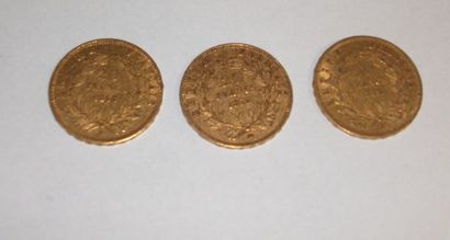 null Lot de 3 pièces de 20 francs or : 1859, 1855 et 1858. Poids : 19,32 g