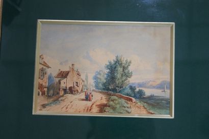 null Ecole française du XIXe siècle "Paysage à l'étang" Aquarelle. 16 x 22 cm Encadrée...