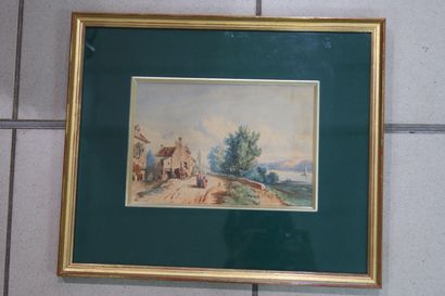 null Ecole française du XIXe siècle "Paysage à l'étang" Aquarelle. 16 x 22 cm Encadrée...