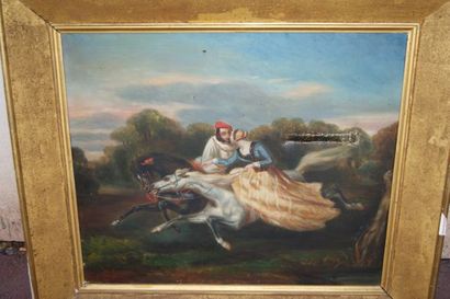 null Ecole française vers 1830 "Couple chevauchant" Huile sur toile. 50 x 60 cm (importants...