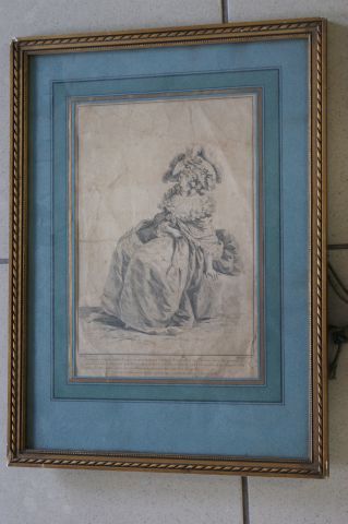 null D'après Watteau "Portrait de dame" Gravure en noir. (pliures). Encadrée sous...