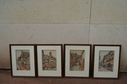 null Albert MACHURE Série de 4 aquarelles, figurant des vues de villes. Encadrées...