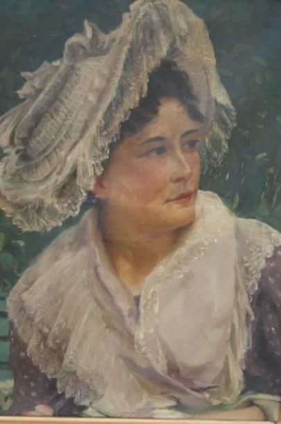 null Ecole française vers 1900 "Portrait de dame au chapeau" Huile sur toile.61 x...