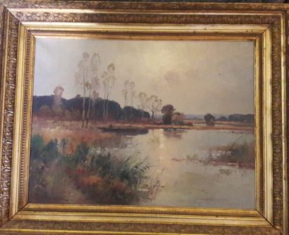 null DUMOUTIER "Paysage au lac" Huile sur toile. 46 x 63 cm (restaurations) Beau...