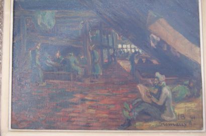 null FREMAUX A. "Intérieur de caserne". Huile sur toile, signée en bas à droite....