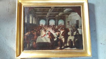 null Ecole italienne "Scène de banquet" Huile sur toile. 52 x 71 cm (toile enduite...
