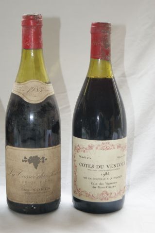 null Lot de 4 bouteilles : 1 de Côtes du Rhône 1995 (étiquette arrachée), 1 de Pinot...