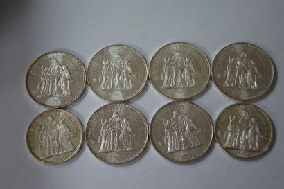 null 6 pièces de 50 francs Hercule en argent. 1977, 1978, 1975. On y joint 2 pièces...
