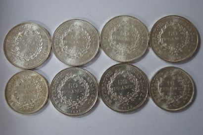 null 6 pièces de 50 francs Hercule en argent. 1977, 1978, 1975. On y joint 2 pièces...