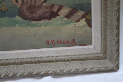 null PORTHAULT "Pigeons" Huile sur toile. 28 x 35 cm Datée 1959. Cadre en bois l...