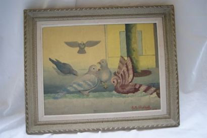null PORTHAULT "Pigeons" Huile sur toile. 28 x 35 cm Datée 1959. Cadre en bois l...