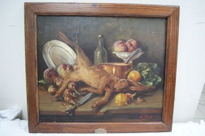 null Eugène PETIT Nature morte au lièvre. Huile sur toile. 46 x 55 cm Cadre en bois...