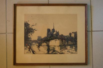 null Claude BILS (1883-1968), Aquarelle figurant Notre-Dame de Paris. 29X37 cm (vitre...