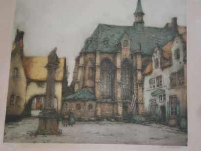 null A. VAN NESTE "Vue d'église" Lithographie en couleurs. 31 x 37 cm Signée et numérotée...