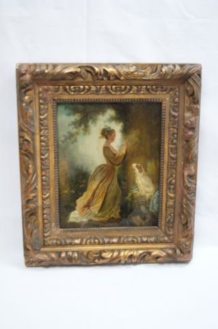 null VALENTIN "Jeune fille et son chien". Huile sur panneau. 28 x 22 cm Cadre en...