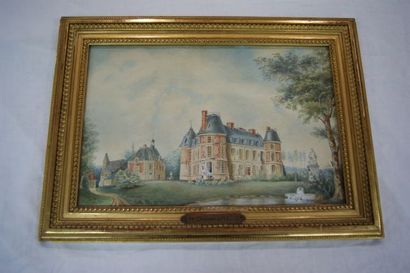 null Ecole française "Le Château du Plessis" Aquarelle. Cadre en bois stuqué et doré....