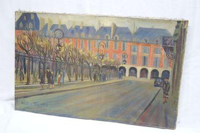 null André TREVES (1904-1973) "Place des Vosges". Huile sur toile. 40 x 65 cm (r...