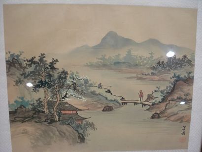 null CHINE Suite de 3 peintures sur soie, figurant 2 paysages animés, un oiseau branché....