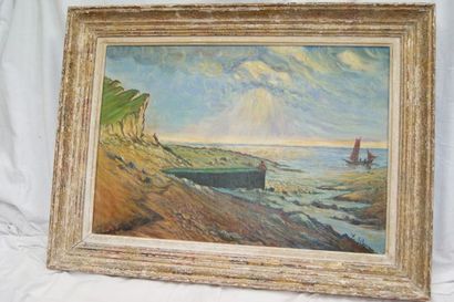 null PERRAIN "Paysage à la barque" Huile sur toile. 39 x 57 cm Cadre en bois laq...