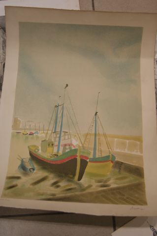 null Lot comprenant une lithographie figurant des bateaux (signée au crayon), petite...