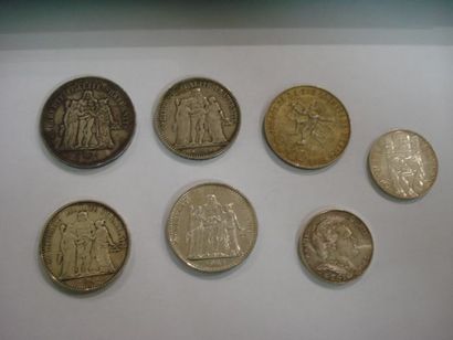 null Lot de pièces en argent : 5 francs 1875, 10 francs 1968, 50 francs 1975, 10...