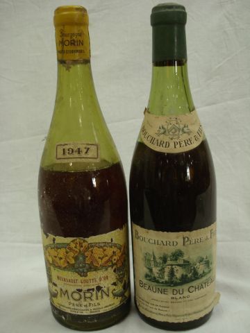 null Lot de 2 bouteilles : 1 de Mersault, Goutte d'Or, Domain Morin, 1947 (très bas,ea)...