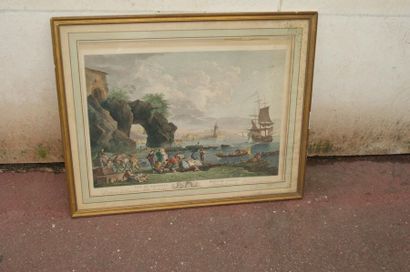 null D'après Joseph VERNET "Vue de Pausilype, près de Naples" Gravure en couleurs,...