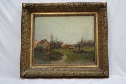 null Eugène GALLIEN-LALOUE - 1854-1941 "Paysage à la maison" Huile sur toile. Porte...