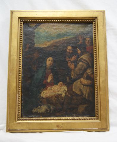 null Ecole du XVIIe siècle "Nativité" Huile sur toile. 32 x 25 cm (petits trous)...
