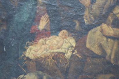 null Ecole du XVIIe siècle "Nativité" Huile sur toile. 32 x 25 cm (petits trous)...