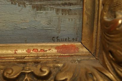 null HUET "Paysage à l'étang" Huile sur carton. 17 x 25 cm Datée 1892. Cadre en bois...