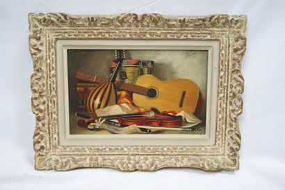 null Charles CERNY "La Musique" Huile sur toile. Datée 1950. 14 x 22 cm Cadre en...