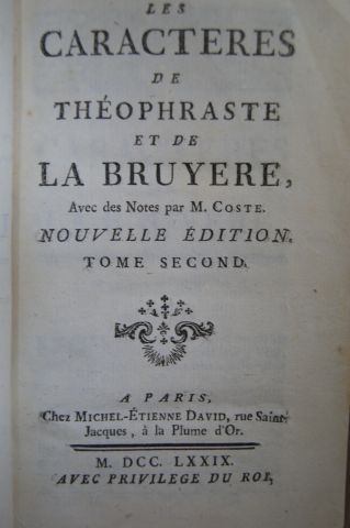 null Lot de 4 livres : La Bruyère "Les Caractères" tome 2 Michel Etienne David, 1779...