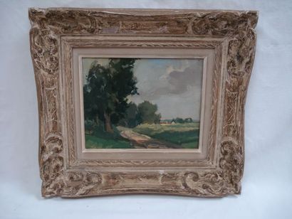 null FOURNET "Paysage au chemin" Huile sur isorel. SBG. 35 x 26 cm Cadre en bois...