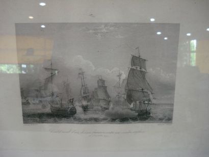 null DE ROSSET "Combat naval du 18 décembre 1779" Gravure en couleurs. 21 x 33 cm...
