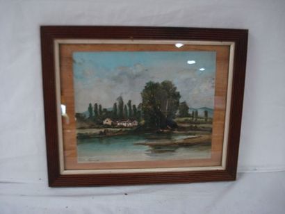 null Louis LAURENT "Paysage à l'étang" Aquarelle. 22 x 26 cm Encadrée sous verre...