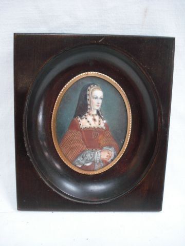 null Miniature sur ivoire, figurant une femme en costume Renaissance. 9 x 7 cm Cadre...
