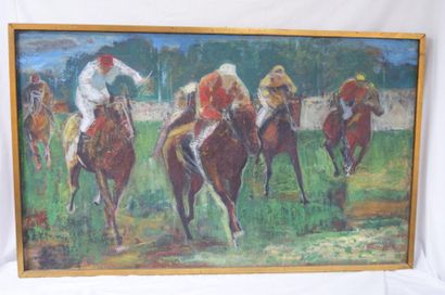 null Philippe GAUTIER (1928) "Course hippique" Huile sur toile. 60 x 96 cm Cadre...