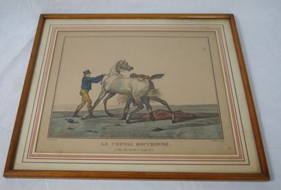 null ECOLE FRANCAISE DU XIXe siècle " Le cheval bouchonné " gravure en couleur (...
