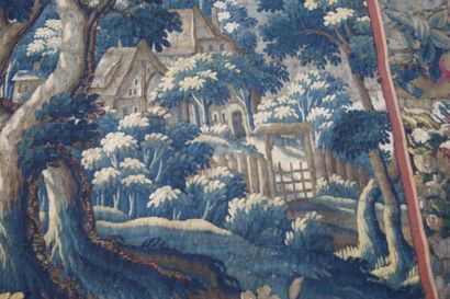 null Tapisserie figurant un château dans un paysage, XVIIe siècle. 252 x 200 cm (usure...