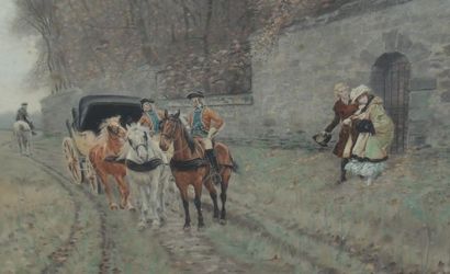 null Ecole française vers 1900 "Promenade en calèche" Gravure rehaussée. 40 x 55...