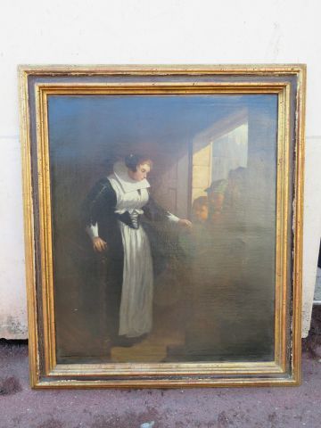 null Ecole hollandaise du XIXème siècle "Scène d'aumone" Huile sur toile 65 x 53,5...