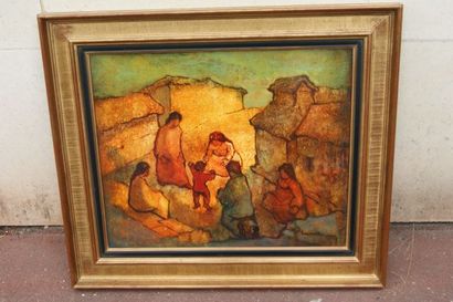 null Mario VARGAS (1928) "Premiers pas" Laque sur panneau. 53 x 65 cm Cadre en bois...