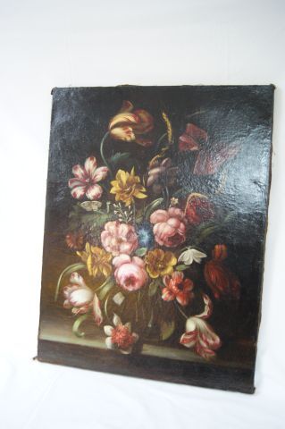 null Ecole du XIXe siècle "Nature morte au bouquet de fleurs" Huile sur toile. (revernie...