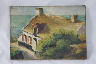 null THOMAS "Maison en bord de mer" Huile sur toile. SBD. 19 x 26 cm