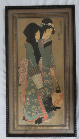 null JAPON Estampe en couleurs, figurant deux jeunes femmes. 51 x 22 cm Signée. Encadrée...